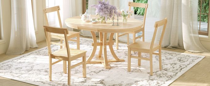 TOPMAX 5-Piece Rustic Round Pedestal Extendable Dining Table Set with 15.7" Removable Leaf and Simple Dining Chirs for Small Places, Natural